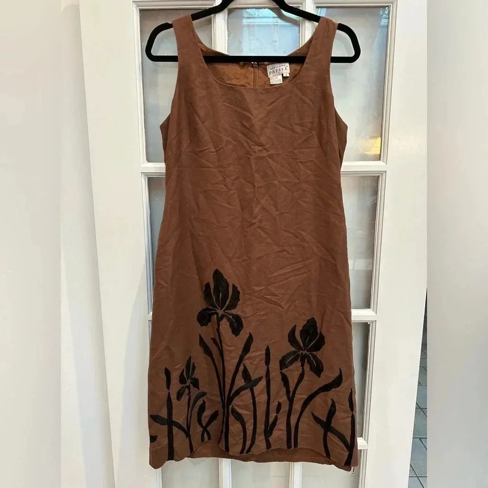 Vintage Adrianna Papell Brown Linen Shift Dress Embroidered Black Floral Size 8